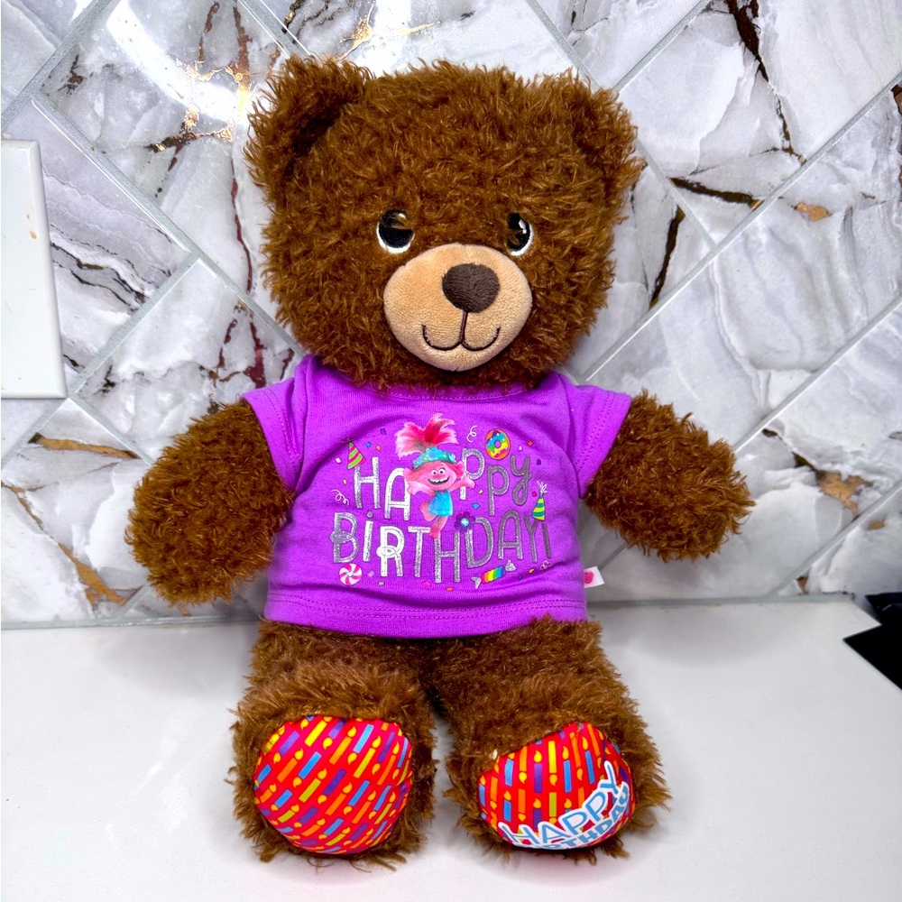 Build-A-Bear Happy Birthday Bear Stuffed‎ Animal Plush Trolls HBD Shirt BAB EUC